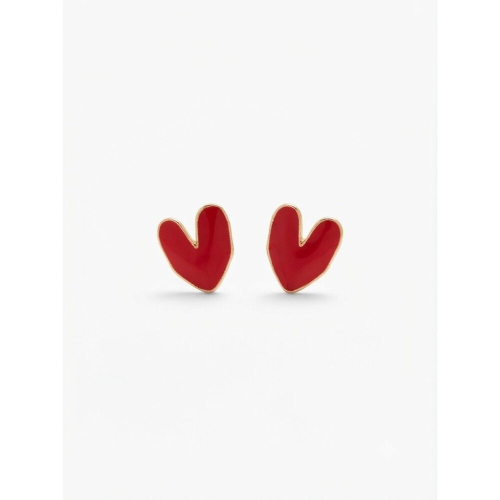 Gold Tone Red Enamel Heart Stud Earrings Minimalist Romantic Jewellery Dainty